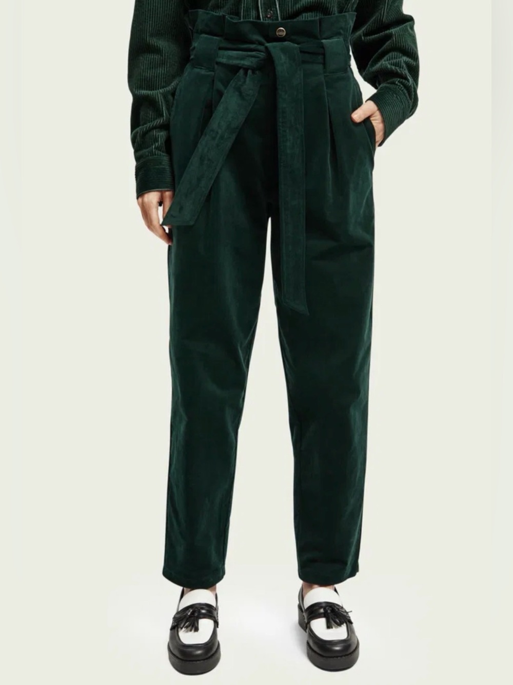 Scotch & Soda Dark Forest Green Paperbag Waist Corduroy Trousers